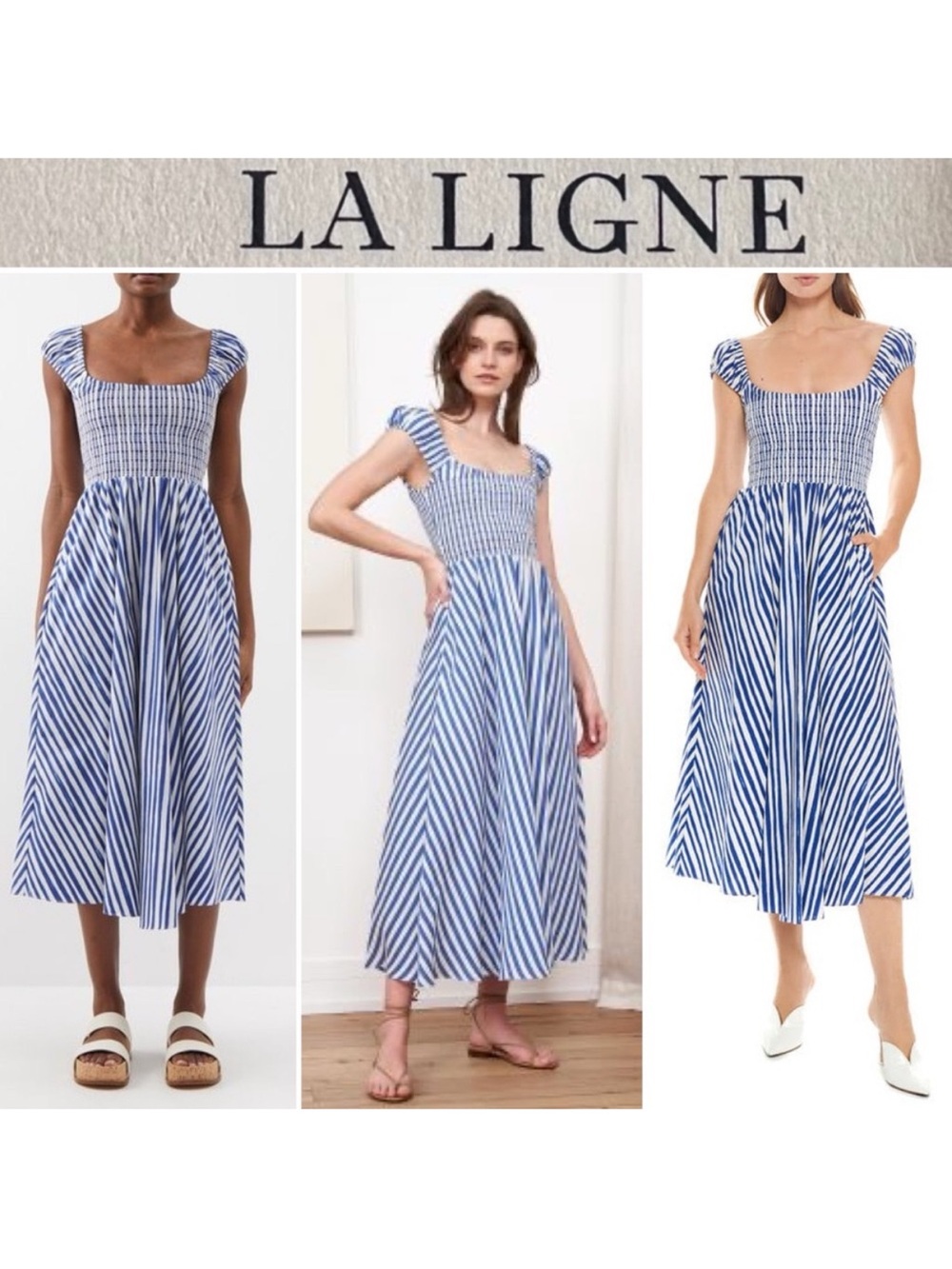 LA LIGNE- Vivian Stripe Smocked Bodice Cotton A-Line Dress Sz XS 395$